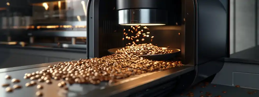 a close-up shot of a sleek coffee roaster machine with freshly roasted whole beans spilling out, showcasing the essence of quality and freshness.