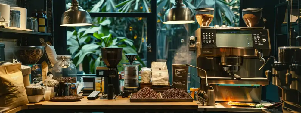 a home coffee roasting station with an array of tools and gadgets, steaming hot beans in a roasting machine, surrounded by bags of green coffee beans and a detailed monitoring chart. a home coffee roasting station with an array of tools and gadgets, steaming hot beans in a roasting machine, surrounded by bags of green coffee beans and a detailed monitoring chart.